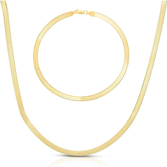 Floreo 10k Yellow Gold 3mm Solid Herringbone Chain Necklace and Bracelet Set
