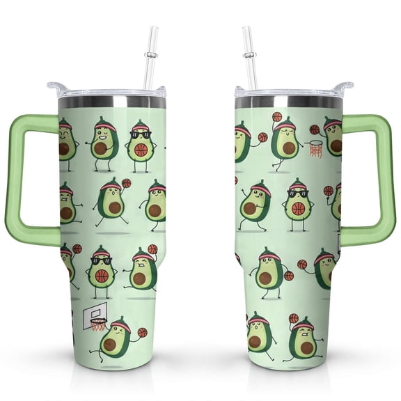 40oz Kawaii Green Avocado Design Stainless Steel Flip Straw Tumbler Spill Proof Travel Cup Double Wall Vacuum Insulated Coffee Mug with Top Handle