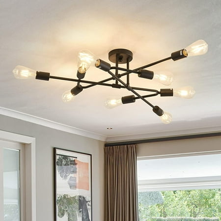 

KUSONG Black Semi Flush Mount Ceiling Light Fixture，9 Light Modern Metal Chandelier，Ceiling Light for Kitchen Farmhouse Island Dining Room Bedroom