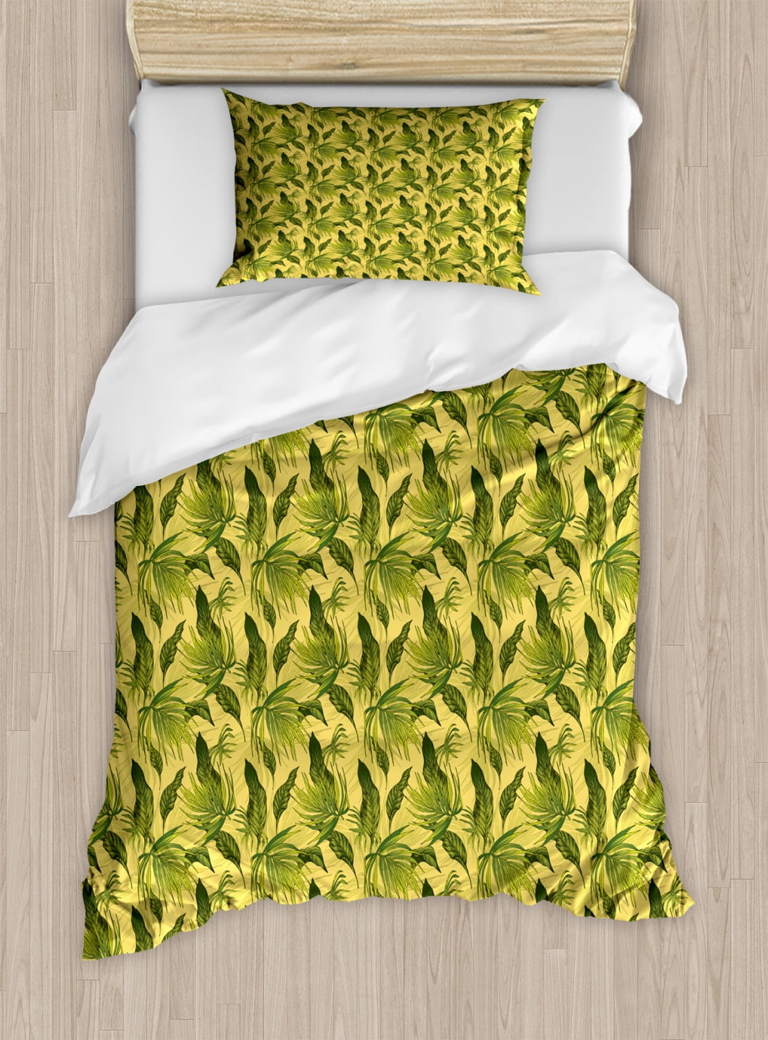 Tropical Duvet Cover Set Twin Size, Energetic Print of Exotic Leaves