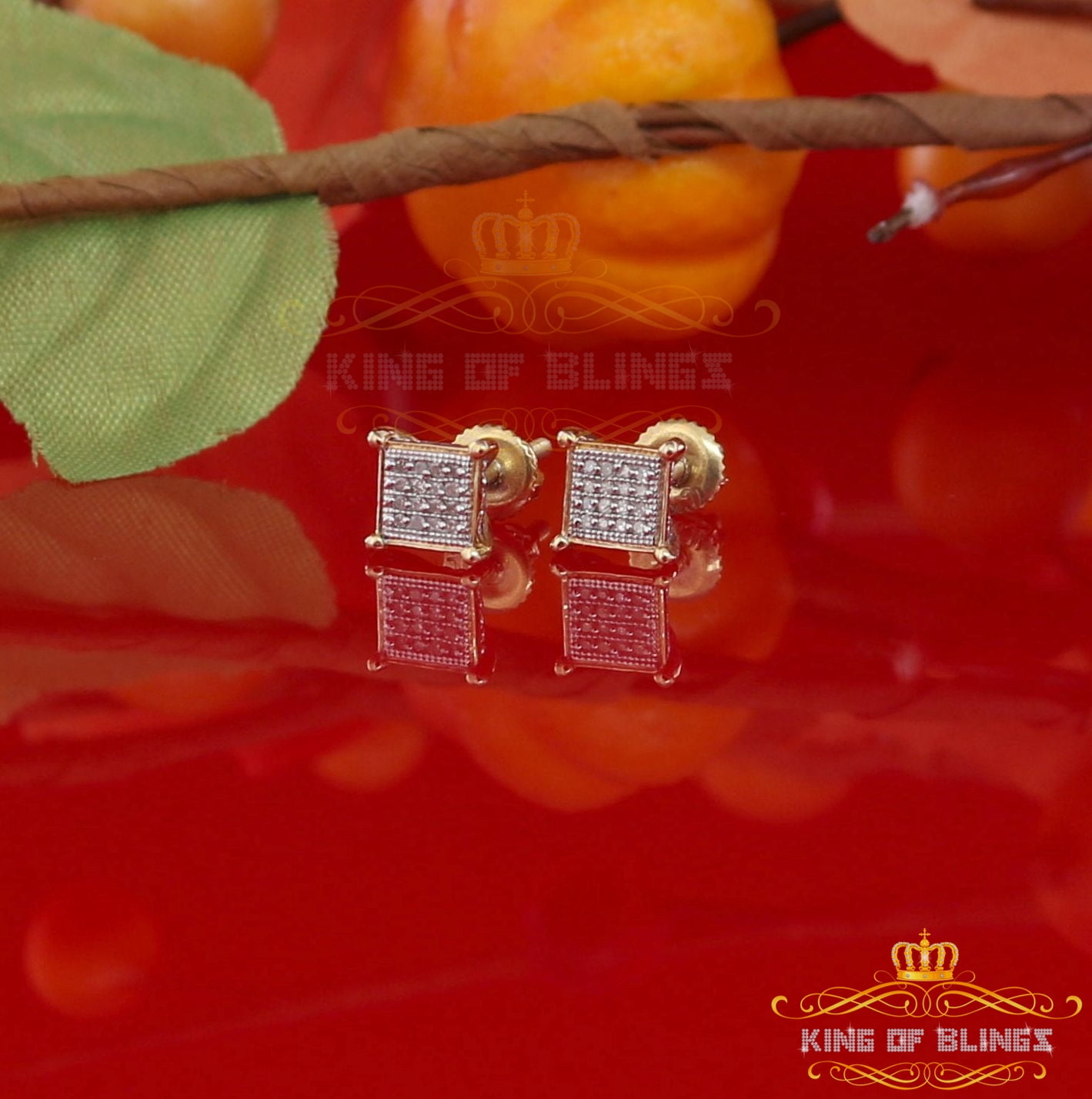 King of Bling's 10K Real Yellow Gold with 0.10CT Real Diamond Men's/Women's stud Square Earrings