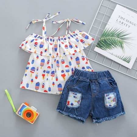 

Gotyou Toddler 2 Piece Outfits Floral Line Neck Short Sleeve Tshirt and Short Jeans 2Pcs Outfits