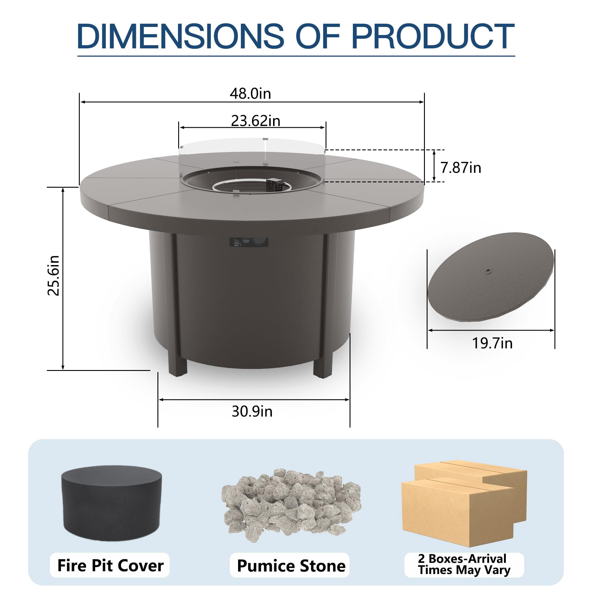ALAULM Round Gas Fire Pit Table 48in, 40000 BTU Outdoor Propane Fire Pit with Round Metal Tabletop, Adjustable Flame,Windshield & CSA Certification for Outside Patio & Garden