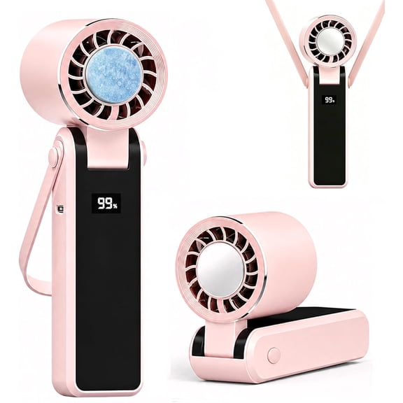 Portable Handheld Fan with Ice Cooler & LED Display, 5 Speeds(1-199), 1200mAh USB Rechargeable Battery, 3-in-1 Hand & Desk Foldable Small Mini Neck Fan w/Lanyard (Pink, with Cooling Plate)