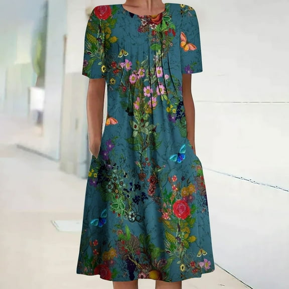 Otvok Summer Dresses for Women's Boho Sundress Short Sleeve Loose Casual Tshirt Dress with Pockets