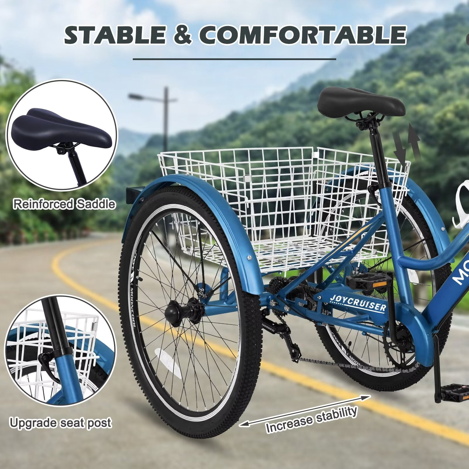 MOPHOTO 24/26 Inch Mountain Tricycle for Adults, 7 Speed Seniors Three Wheel Bikes,  Men's Women's Tricycles Trikes with Shopping Basket, Exercise