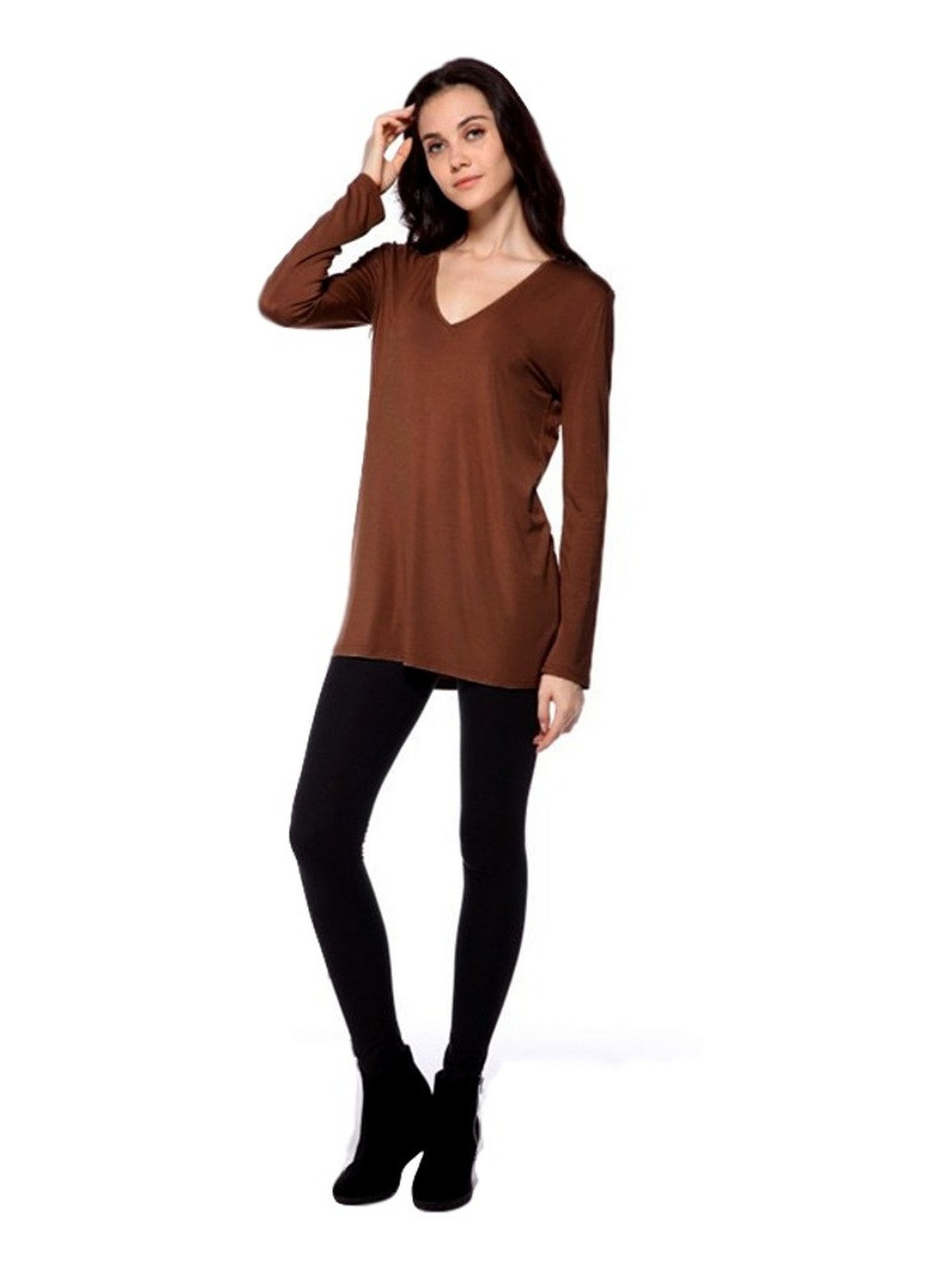 Authentic VNeck Long Sleeve Piko Top, Brown