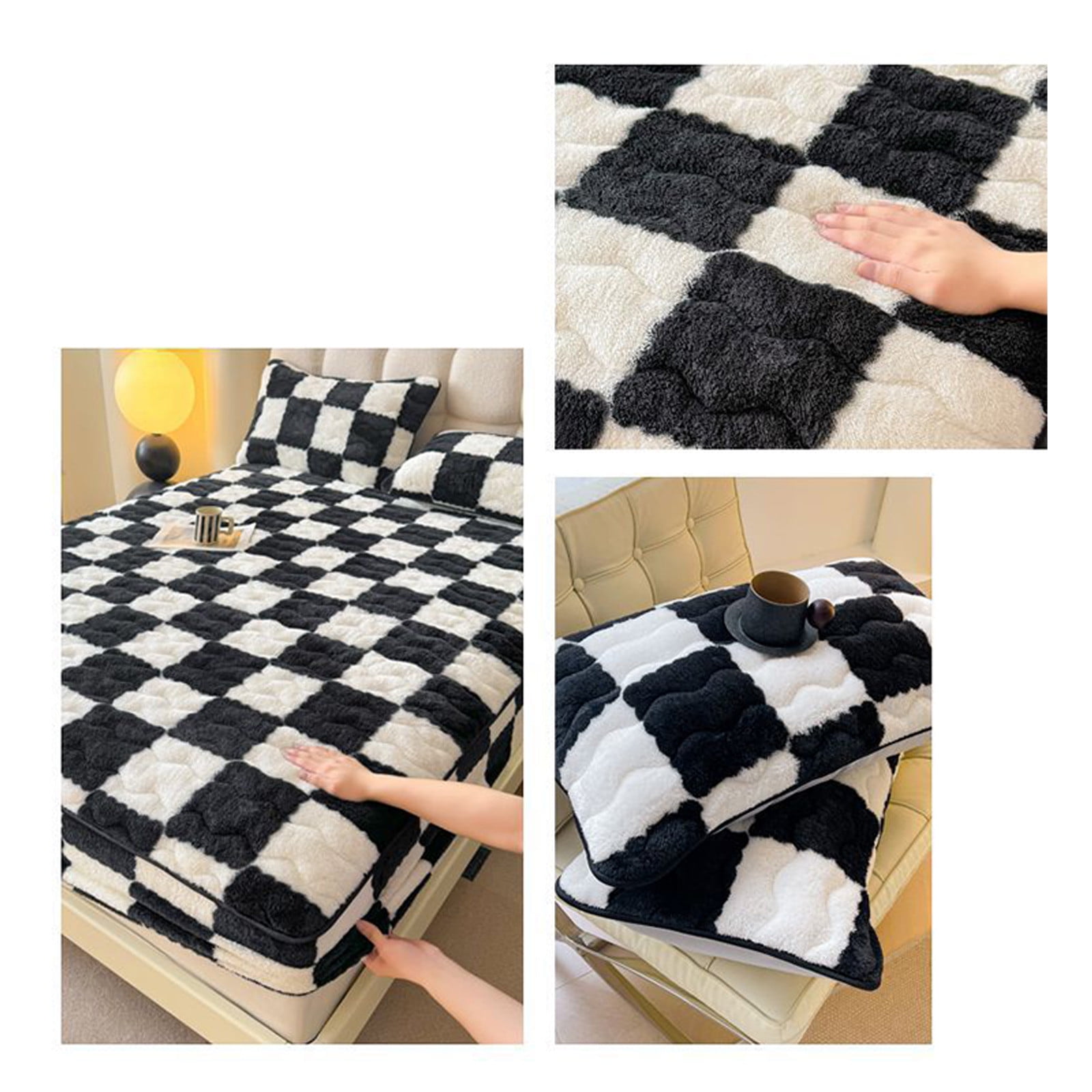 Quilted Fitted Sheet Winter Warm, Checkerboard Pattern Mattress Protector – Breathable Non-Slip Pocket Design, Soft Polyester Bed Cover for Care Bed, Home or Guest Room