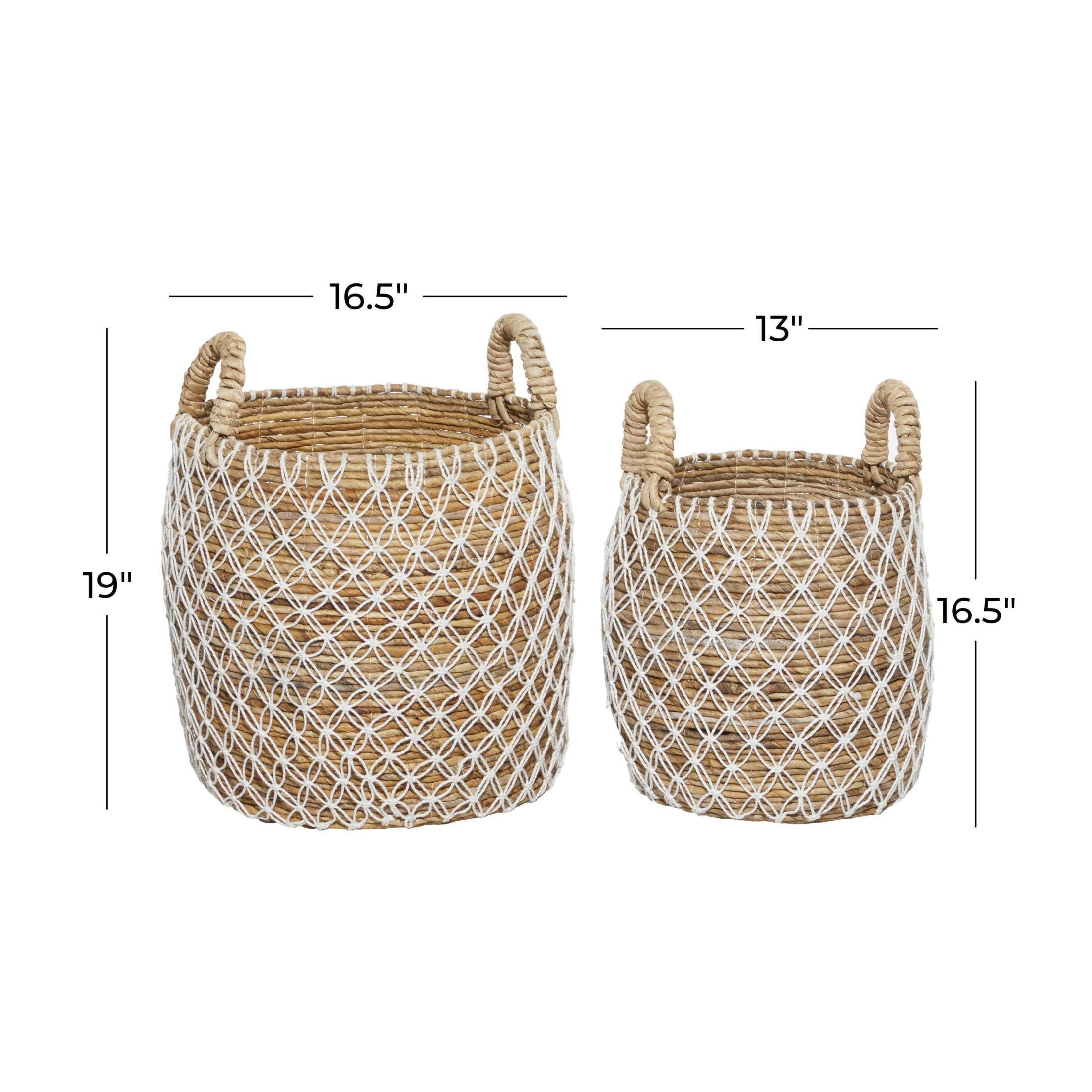 DecMode 19", 17"H Brown Banana Leaf Handmade String Detail Storage Basket with Handles, 2-Pieces