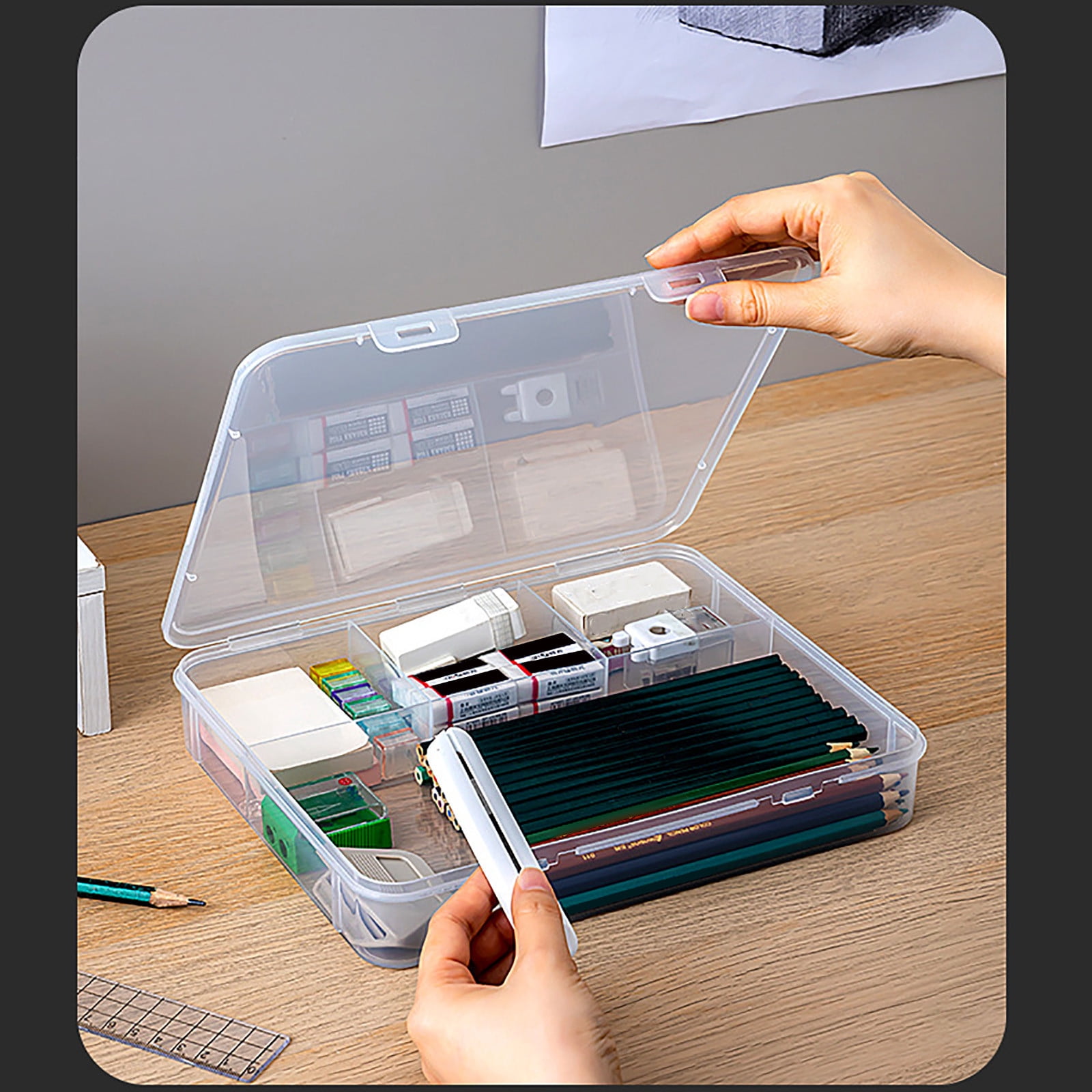Extra Large Capacity Plastic Pencil Box, Stackable Clear Storage Organizer for Desk, Office Supplies Storage Box for Pens, Markers, Erasers and Art Supplies