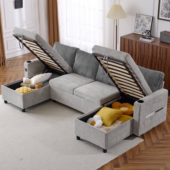 EUROCO 111.8" Sectional Sleeper Sofa with Pull Out Bed, U Shaped Sectional Couch with Storage Ottoman Convertible 6-Seater Sofa,Grey