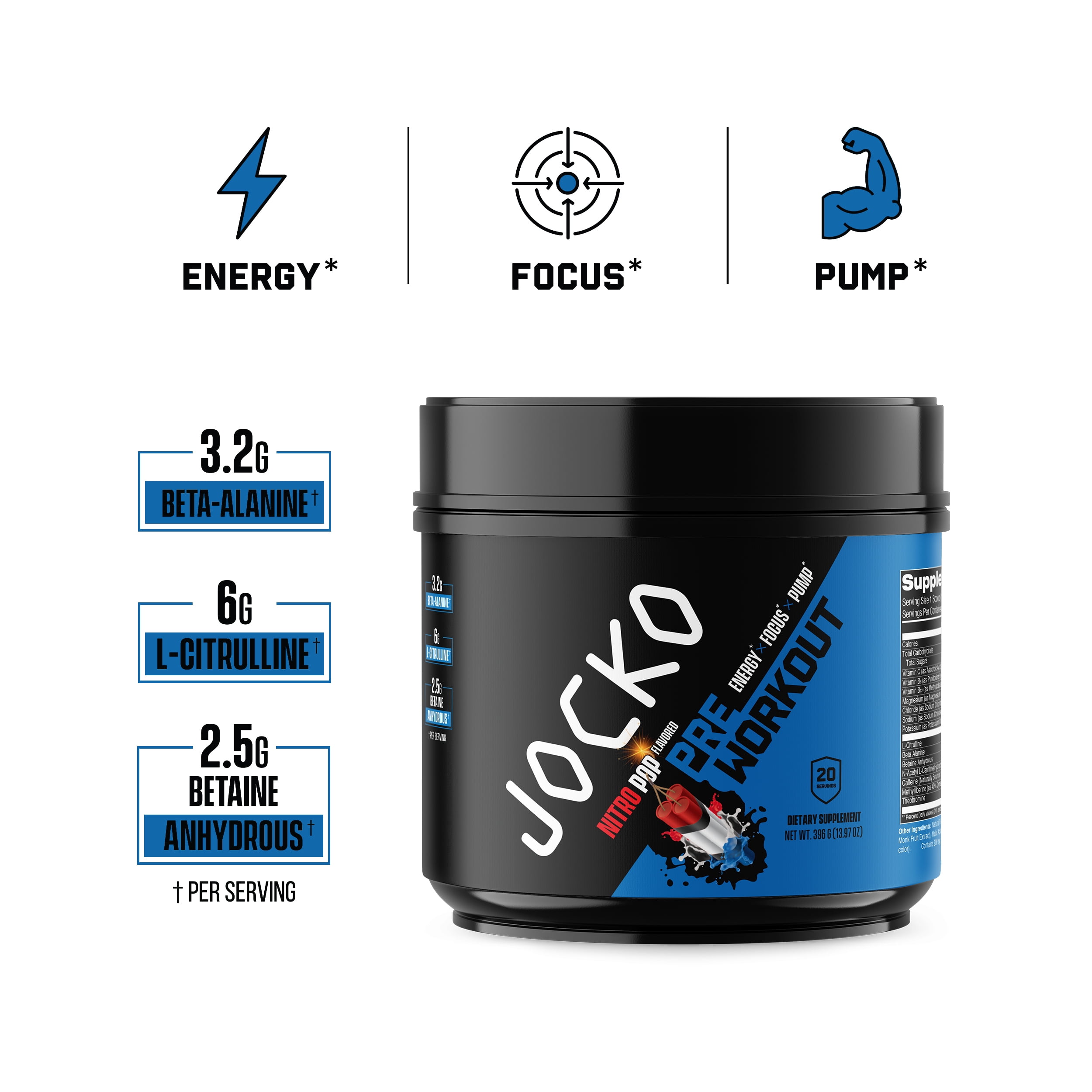 Jocko Fuel Preworkout Powder, Nitro Pop, High Stim, Sugar-Free Nootropic Blend to Support Muscle Pump, Energy, & Recovery 200mg Caffeine, 20 Servings