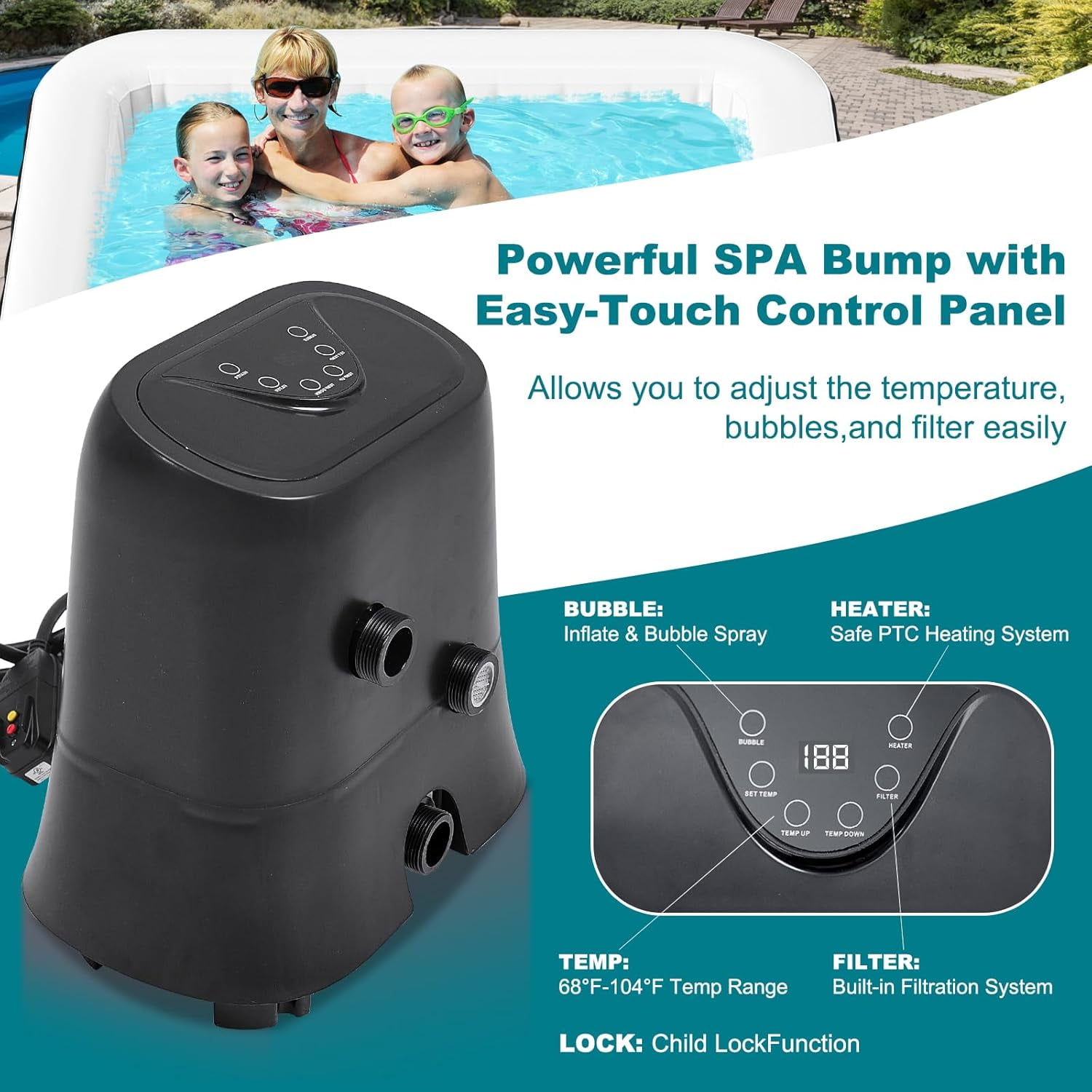 Lilypelle Inflatable Hot Tub, 57” X 57” X 25” Portable Blow Up Hot Tub Square for 2-4 Person ，Portable Outdoor Spa with 110 Bubble Jets and Built in Heater Pump, Filter