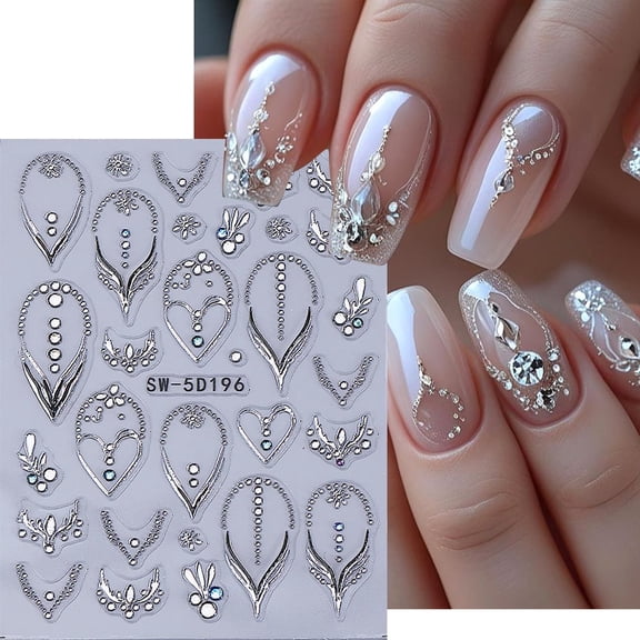 Luxury Heart Necklace Pattern Nail Stickers Self-Adhesive Embossed Elegant Nail Art Design Supplies Sticker White Nail Stickers for Women Nail Decorations DIY Manicure Accessories