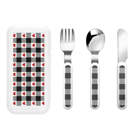 

Bingfone Heart Black Buffalo Plaid Gingham Print Toddler Utensils Kids Silverware 3pcs Safety Stainless Steel Toddler Fork Spoon Knife Set Children Flatware Set
