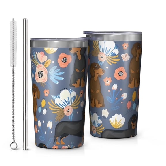 Dachshund and Flower 10oz Tumblers Stainless Steel Tumbler with Lid and Straw,Vacuum Insulated Double Wall Travel Tumbler Cups with Cleaning Brush for Coffee, Tea