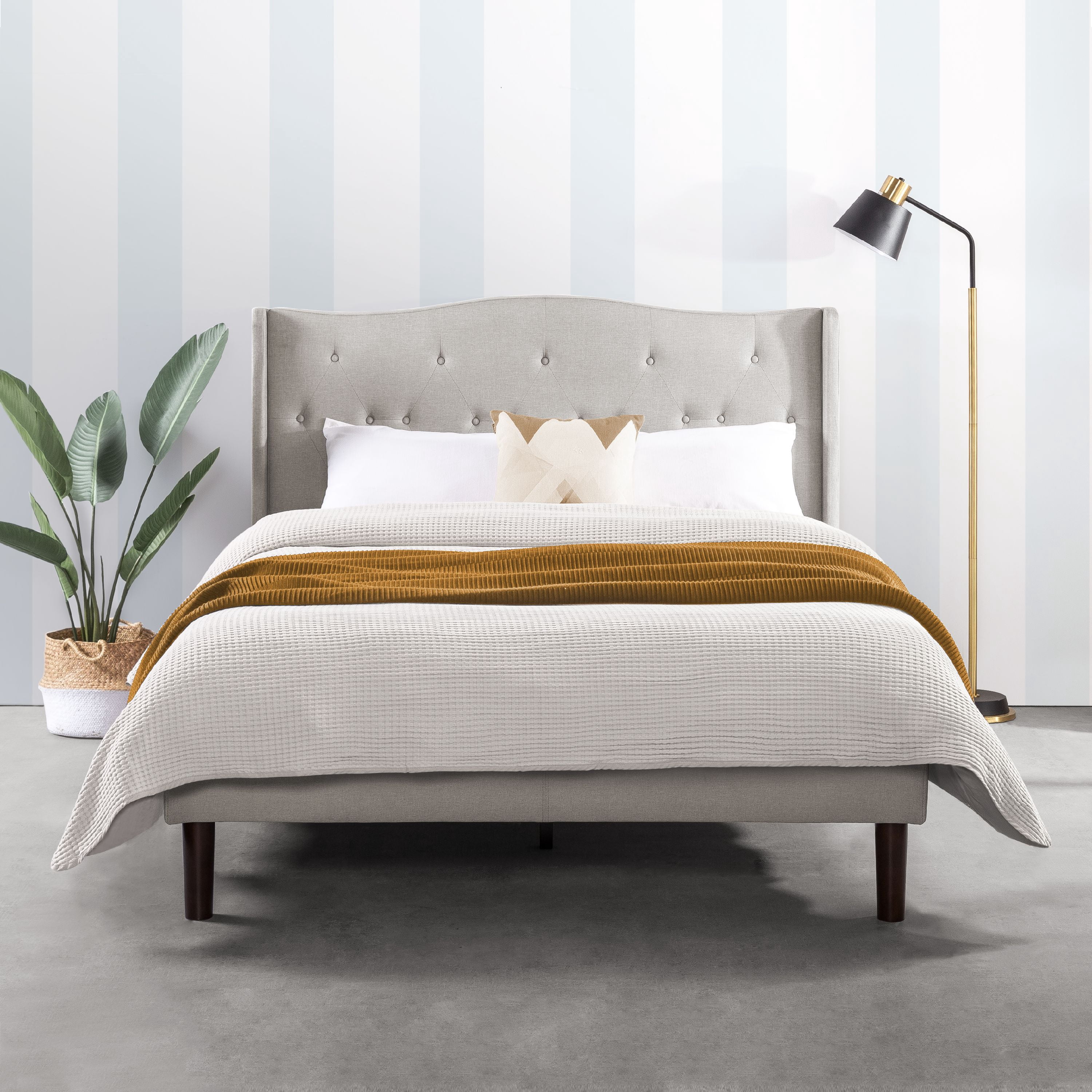 Mellow Amabel Upholstered Platform Bed with Wingback Headboard, Light Grey, Queen