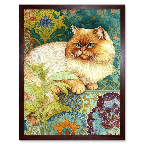 Orange Persian Cat William Morris Inspired Floral Pattern Colourful Modern Illustration Art Print Framed Poster Wall Decor 12x16 inch