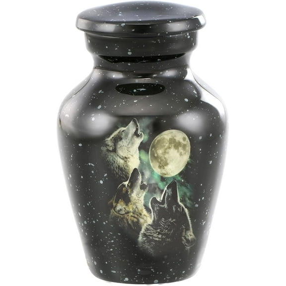 Adult Cremation URNS for Ashes- Adult Classic 3 Wolves Pictured Cremation Urn for Human Ashes, Completely Handicrafted with Velvet Protection Bag,… (KEEPSAKE Qty-1)