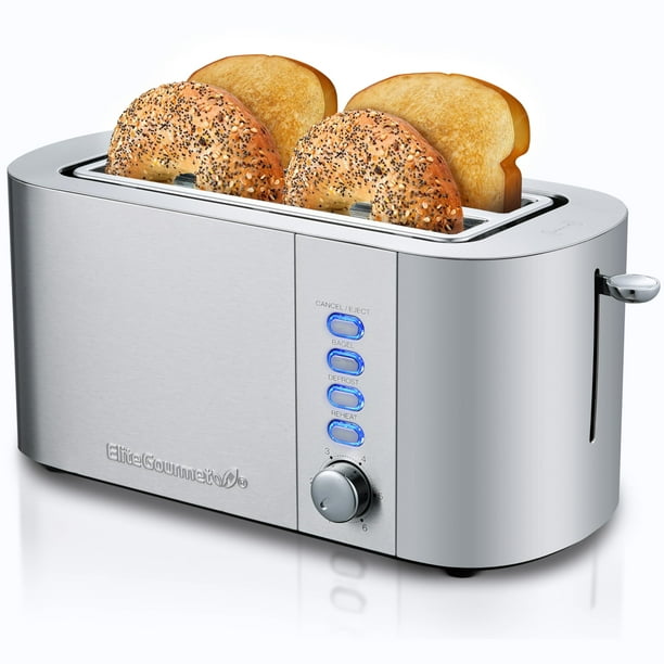 Elite Gourmet ECT4123 tostador de 4 rebanadas de ranura larga, ranuras extra anchas de 1.5 pulgadas y 5.1 pulgadas de profundidad, funciones de descongelación y cancelación, 6 ajustes de sombra