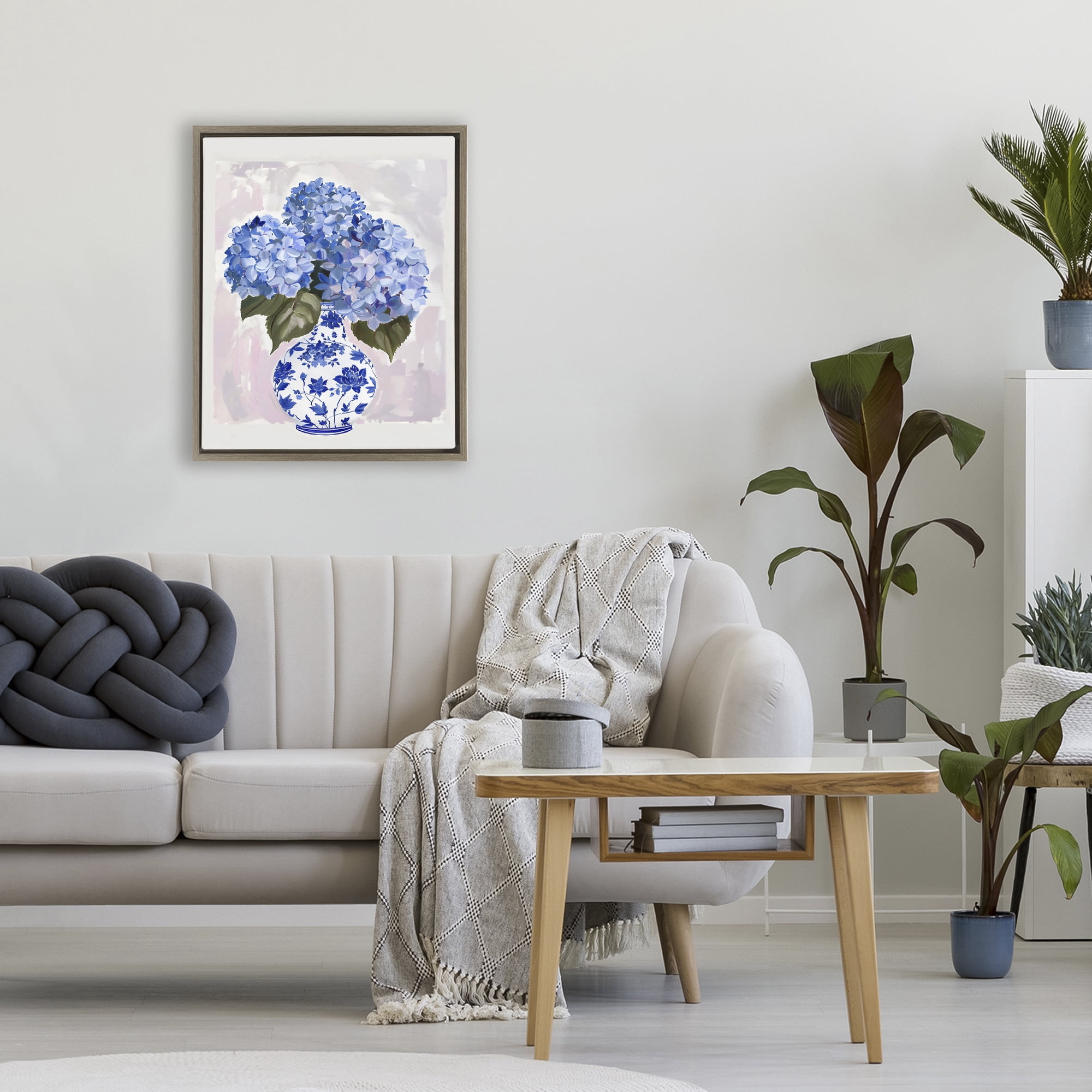 Stupell Industries Blue Hydrangea in Porcelain Vase Brown Framed Floater Canvas Wall Art, design by The Prints Vibe