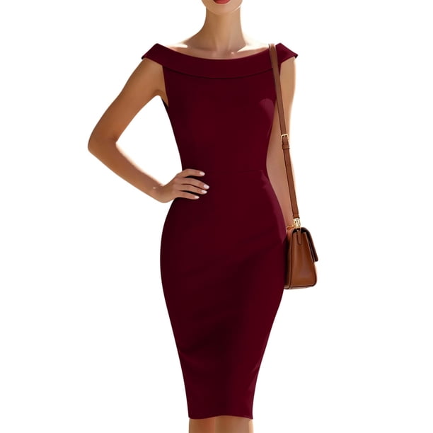 Women's off the Shoulder Sleeveless Bodycon Midi Dress, Solid Back Zipper Slim Fit Knee-Length office Pencil Dress Red L(L)
