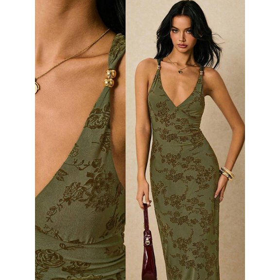 Army Green Floral V-Neck Backless Maxi Dress With Adjustable Gold-Tone Shoulder Buttons