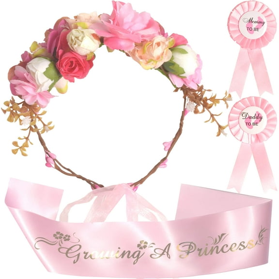 MEANT2TOBE Pink Baby Shower Decoration Set for Mom and Dad - Flower Tiara, Sash, and Pin - Maternity Accessories for Her and Him