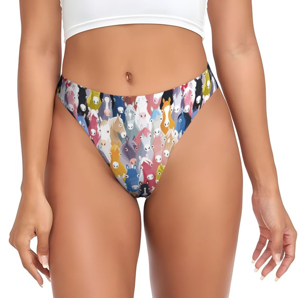 Balery Colourful Horses Tangas de Algodón para Mujer con Estampado – Ropa Interior Sexy, Transpirable, G-string-Small
