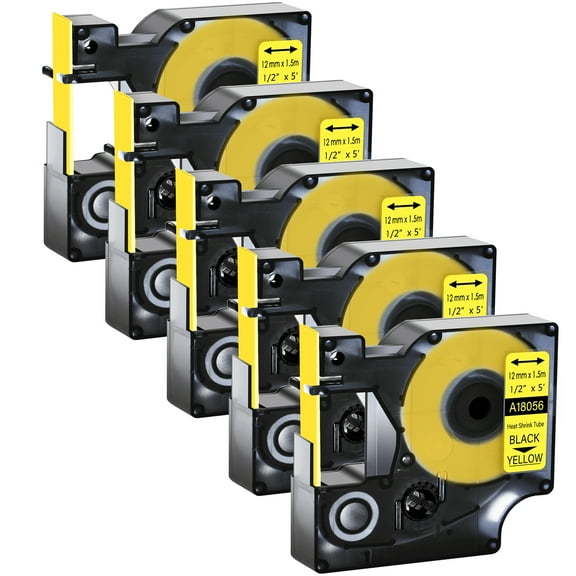 GREENCYCLE 5PK Industrial Rhino Heat Shrink Tubes Compatible for DYMO 18056 12mm 1/2" Black on Yellow Cable Label Tape
