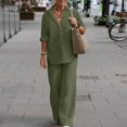 thumbnail image 2 of JINMGG Two Piece Outfits Women, 2024 Fashion Fall Clearance 2PC Fashion Woman Round Neck Solid Long Sleeve Blouse +Loose Pockets Pants Sets Green M, 2 of 5