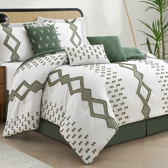Lanco 7 Piece White Green Comforter Set, Queen Sizeï¼ All Season Geometric Pattern Bedding Set, Matching Bed Skirt, Pillows & Shams