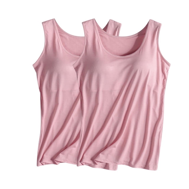 Timegard 2pc Tank Tops for Women Built in Bra Plus Size Round Neck Soft Sleeveless Pajamas Loungewear