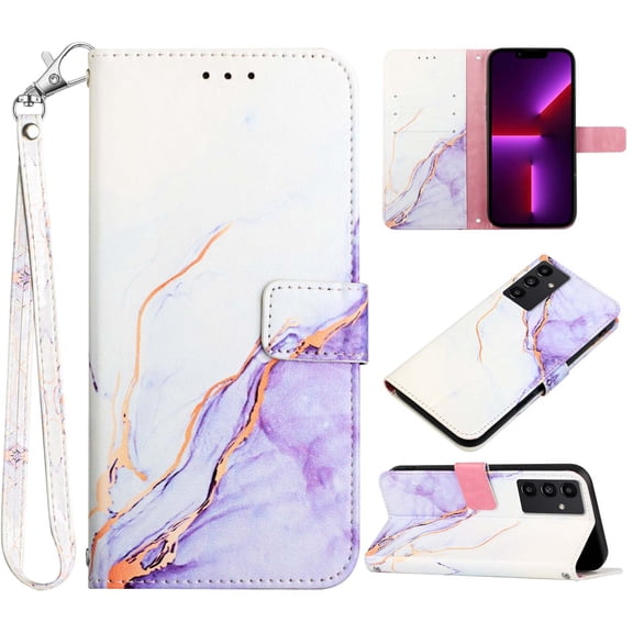 Feishell Fit for Samsung Galaxy A14 5G Wallet Case with Wrist Strap,Stylish Marble Pattern Premium PU Leather Folio Flip Credit Card Slots Kickstand Shockproof Protective Phone Cover,F