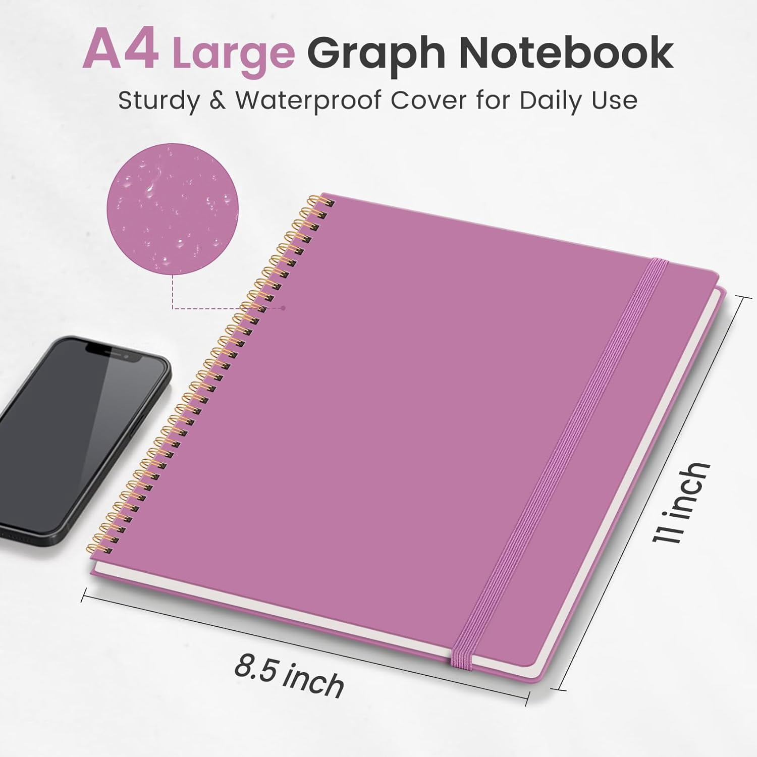 PrimeCook Shop Spiral Graph Notebook, 8.5"x11" Notebooks for Work, Large A4 Journal for Women & Men, Grid Notebook, Journaling Notebook for Writing, Plastic Cover Spiral Journal, Purple