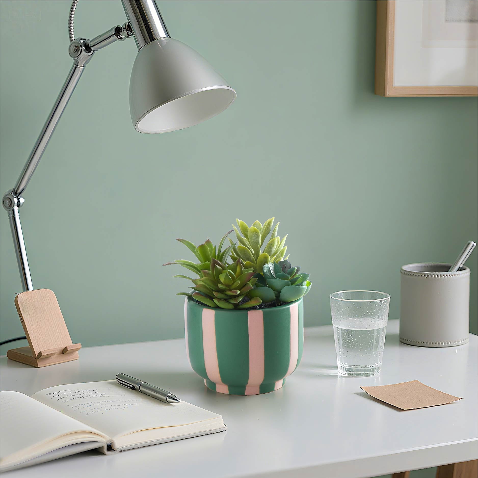 Mainstays Green and Pink Striped Ceramic Jar with Faux Succulent