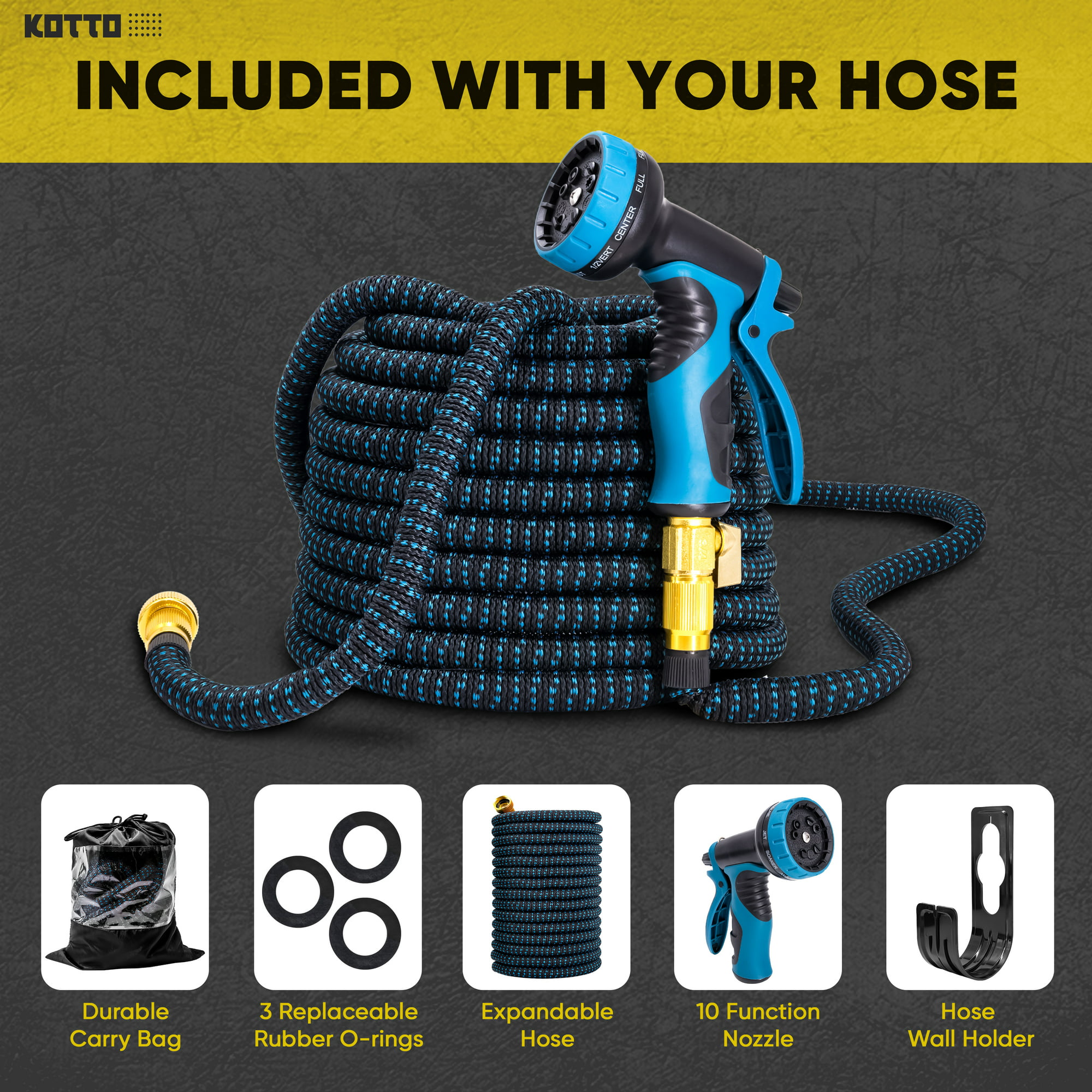 Kotto Expandable Garden Hose, Water Hose for Outside with 10 Spray Nozzles, Hose Holder, Multi-Purpose Anti-Rust Solid Brass Connector, Leak-Proof Design, Blue, 150 ft - image 3 of 8