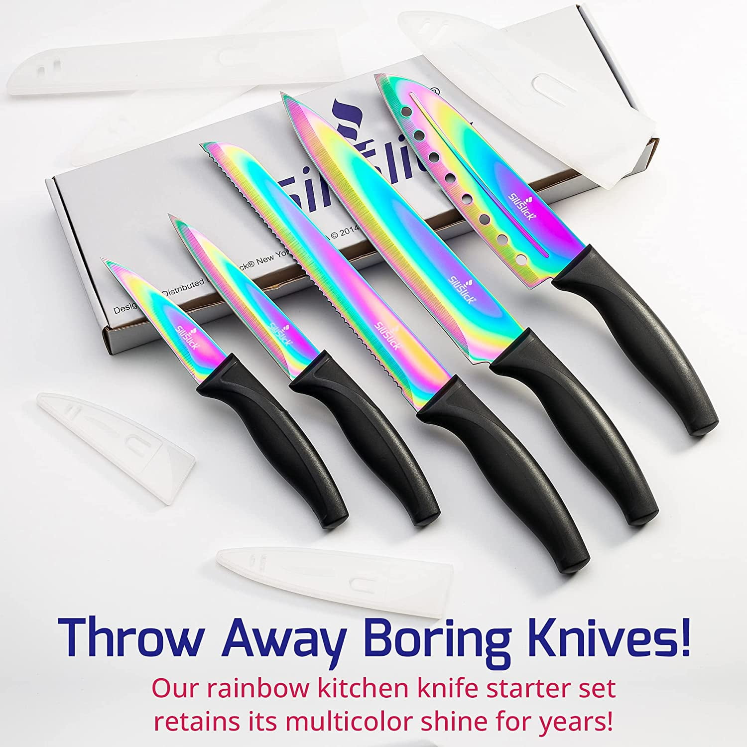 SiliSlick Kitchen Knife Set, 5-Piece Rainbow Titanium Coated Blades with Magnetic Rack & Portable Sharpener, Dishwasher Safe