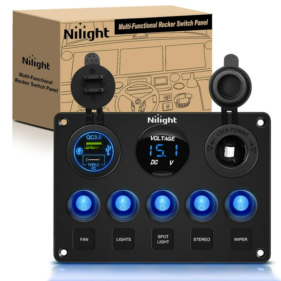 Nilight 5 Gang Multi-Function Waterproof Switch Panel with PD Type C, USB Charger, for 12V/24V