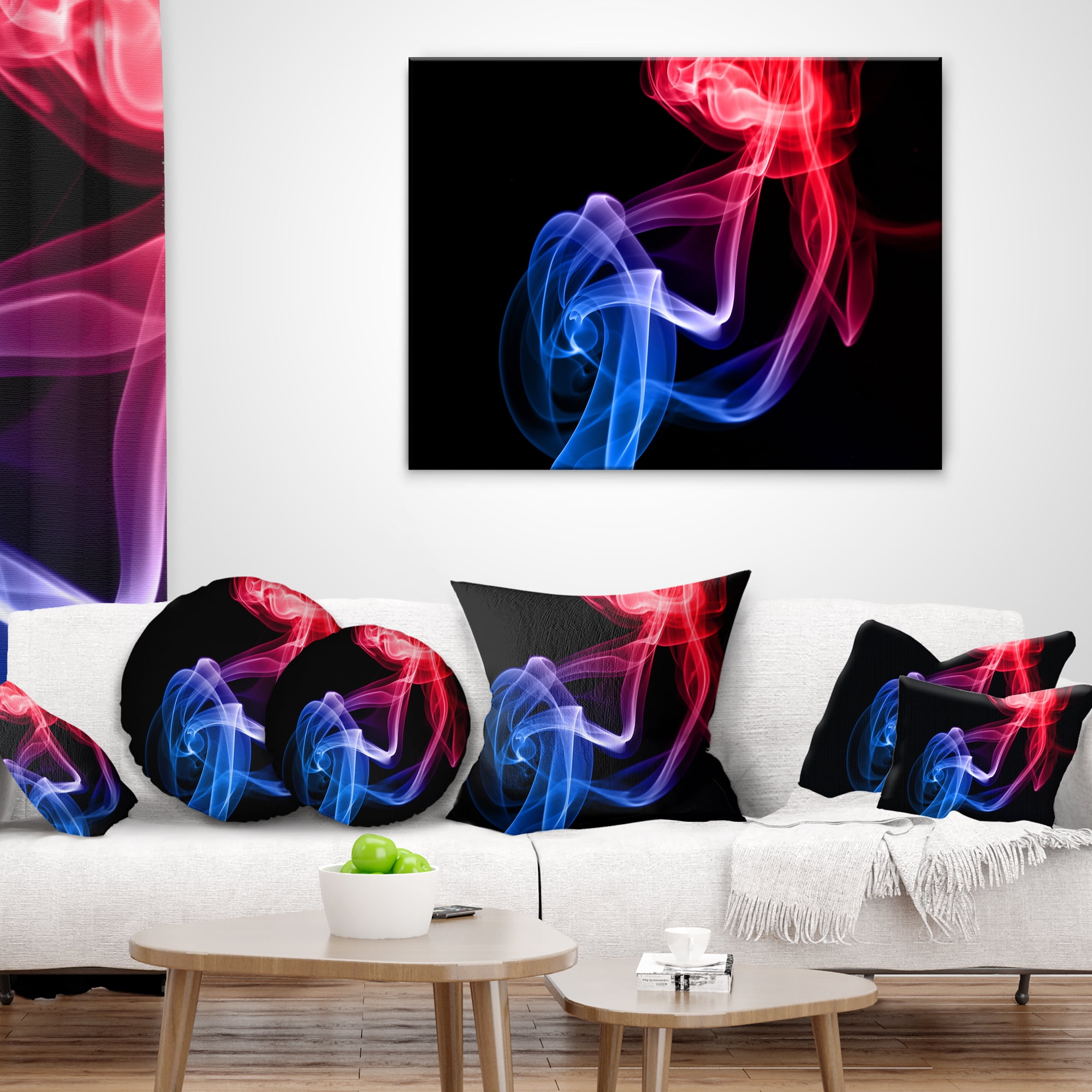 Designart Blue Red Floating Smoke on Black - Abstract Throw Pillow - 16x16