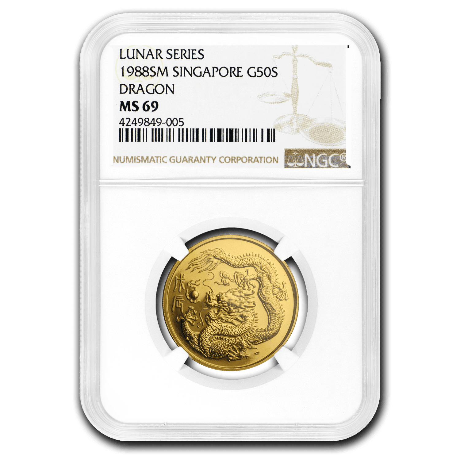 1988 Singapore 1/2 oz Gold 50 Singold Dragon MS-69 NGC