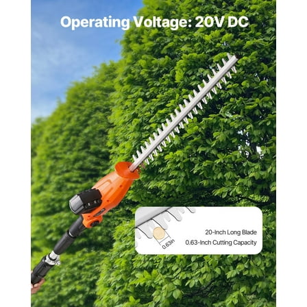 20V Battery-Powered Hedge Trimmer, 20in Blade, 1200RMP, Cordless & Lightweight