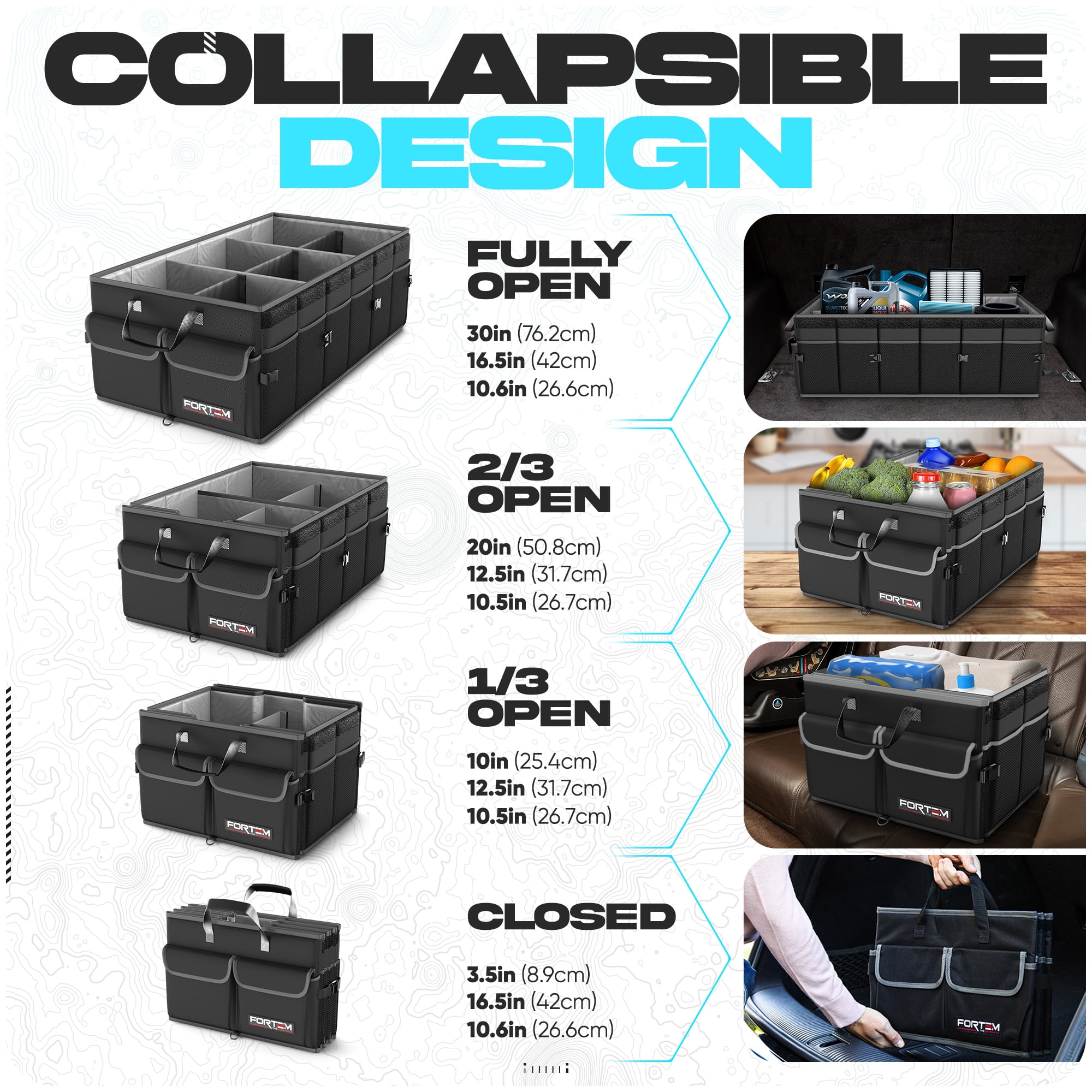 FORTEM Car Trunk Organizer, Collapsible Multi Compartment SUV Organizer, Foldable Storage for Car Accessories for Women Men, 600D Oxford, Non Slip Bottom, Securing Straps, Soft Cover (85L)