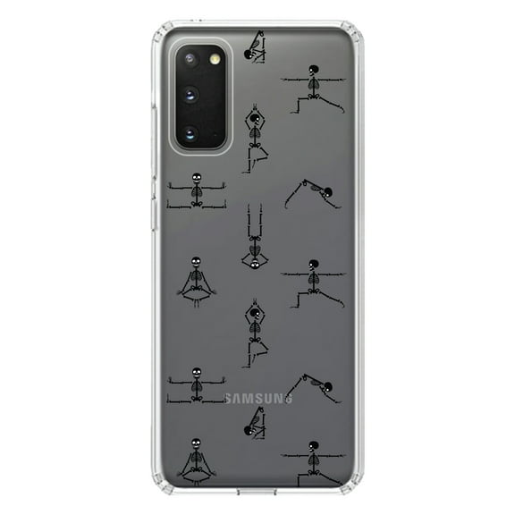 DistinctInk Clear Shockproof Hybrid Case for Galaxy S20 / S20 5G (6.2" Screen) - TPU Bumper, Acrylic Back, Tempered Glass Screen Protector - Yoga Skeletons