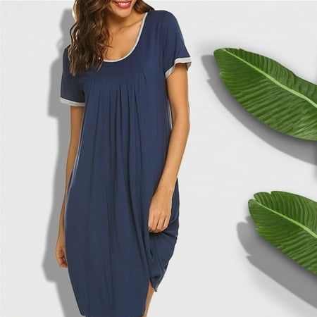 

Outfmvch Women s Fashion Casual Solid Pleated Round Neck Patchwork Nightdress Dress Navy Blue M