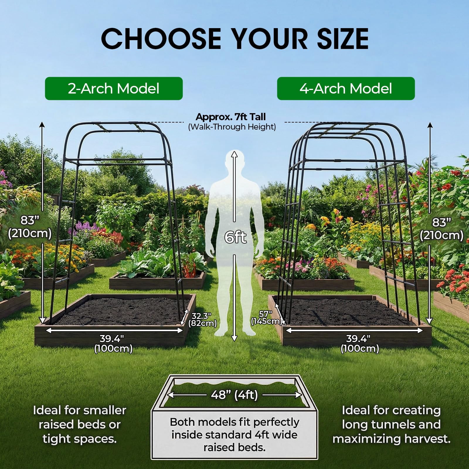 Garden Arch Trellis for Climbing Plants, 83" High Metal Cucumber Trellis & Tomato Cage, Rustproof Steel Tunnel Support for Squash, Pumpkin, Vegetables with Screw Fixation (32.3"L x 39.4"W)