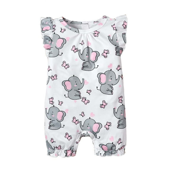 Kucnuzki Newborn Baby Girl Clothes 9 Months Summer Bodysuit 12 Months Short Sleeve Little Elephant Prints Rompers Bodysuit White