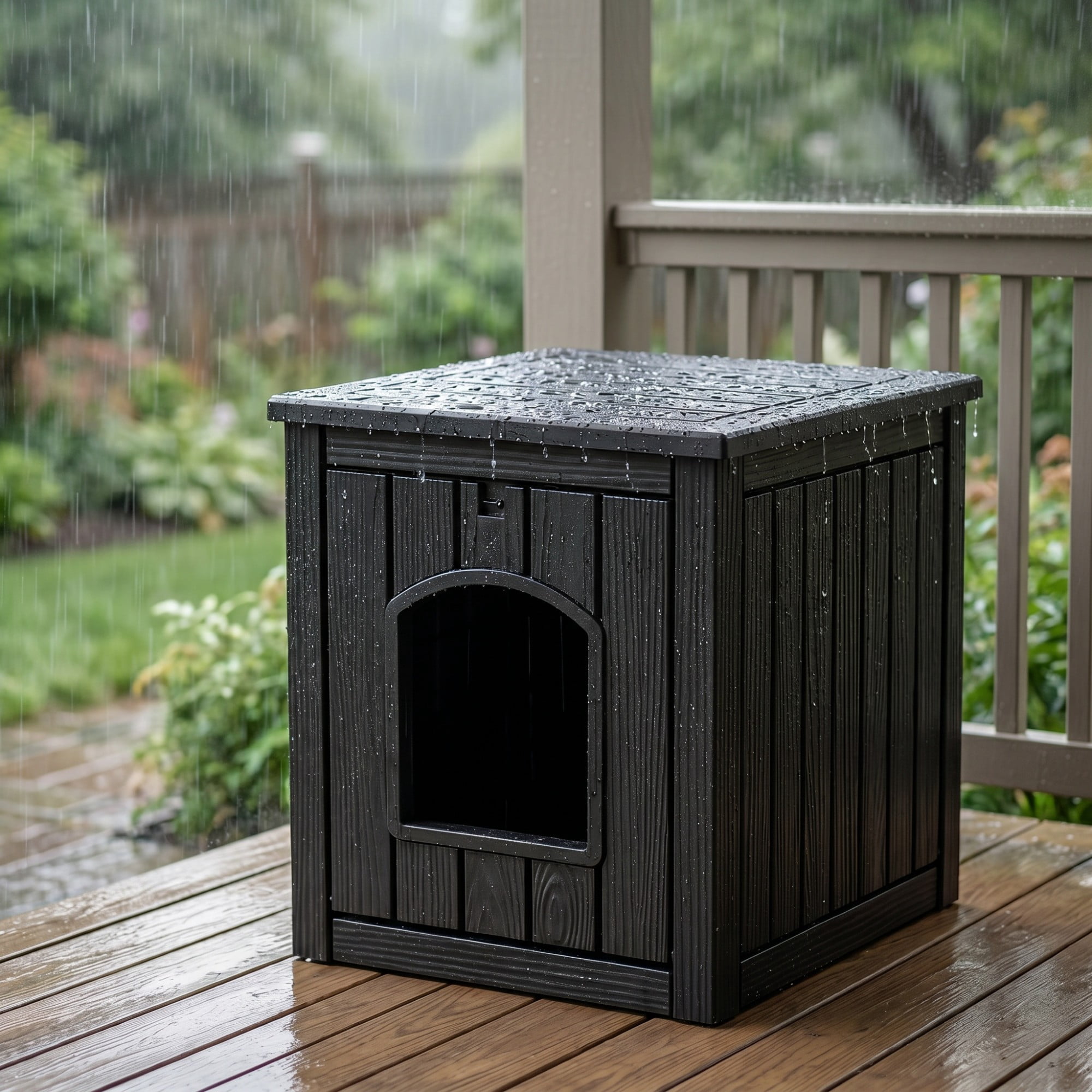 ENNSOO Outdoor Cat House Weatherproof Resin Cat Shelter for Indoor & Outdoor, Durable All-Season Pet House for Feral, Stray & Domestic Cats, Black