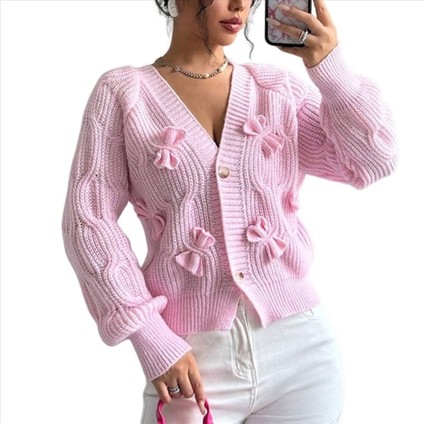 Cárdigan de Crochet para Mujer, Cuello en V, Larga, Botones Decorados, Suéter de Punto, Tops Rosa XL