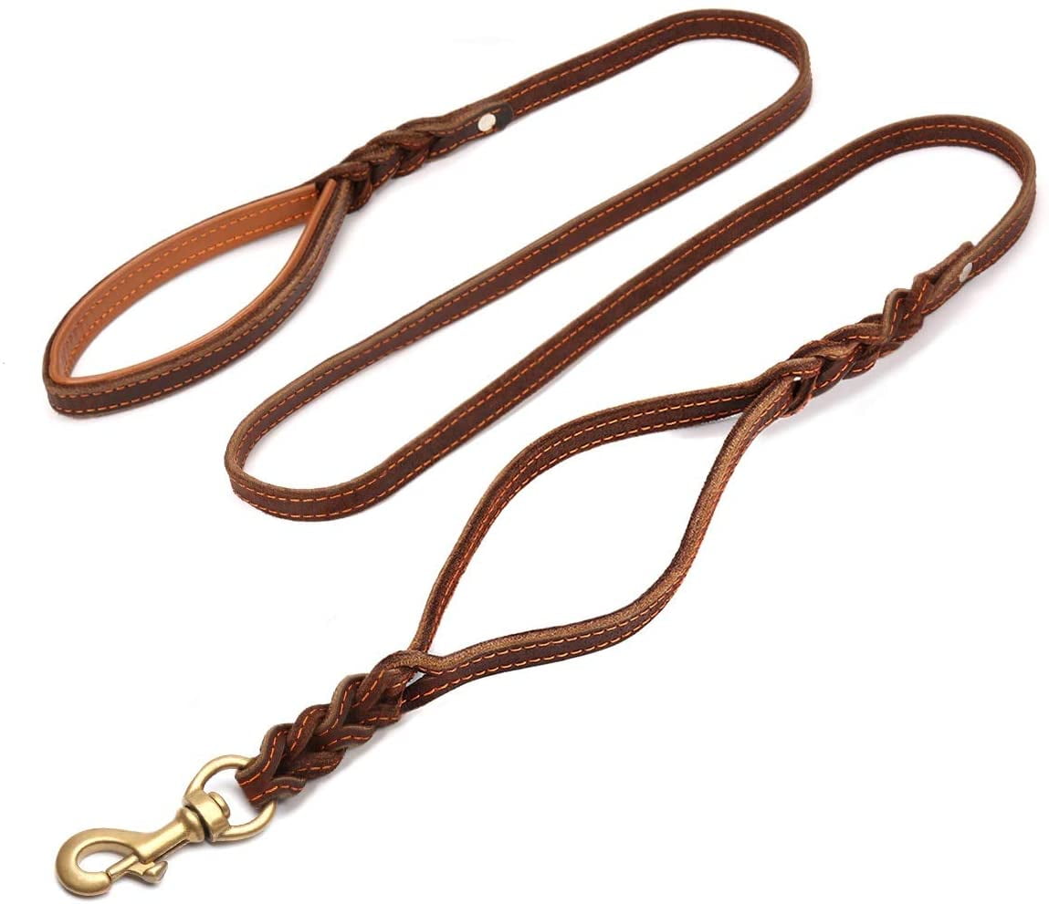 Heavy Duty Leather Dog Leash with 2 Handles,Padded Traffic Handle for